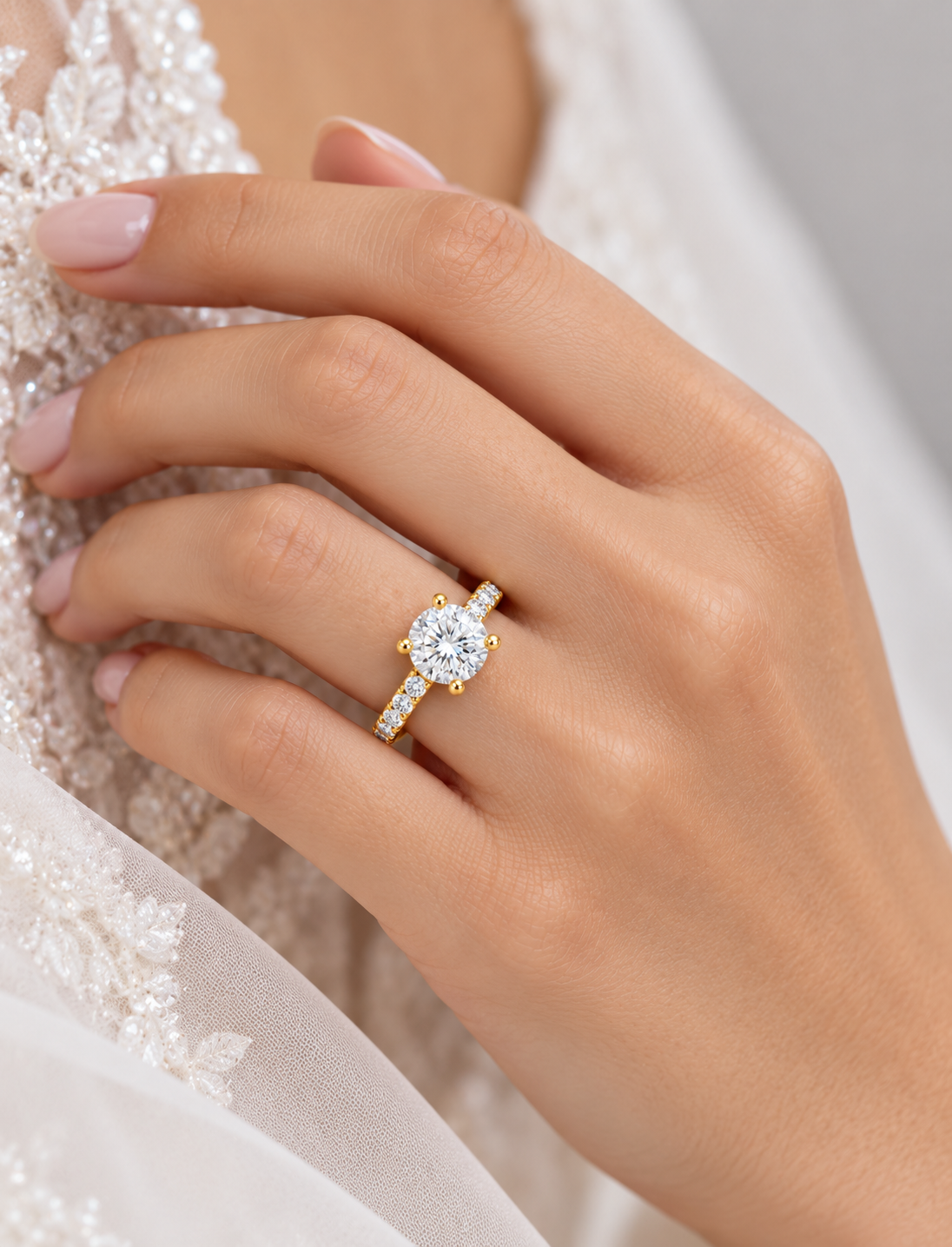 E/VS2 Lab Grown IGI Certified The Classic Round Brilliant Diamond Proposal Pave Set Ring 18k Yellow Gold