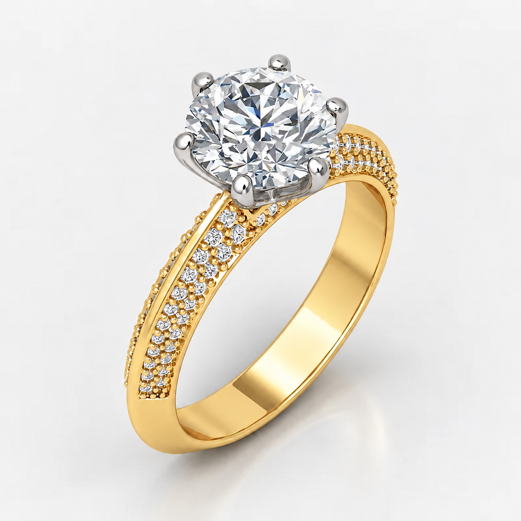 IGI Certified Lab Grown Round Brilliant Cut Diamond Solitaire Engagement Ring with Multi-Row Pavé Band in Gold & Platinum - 1-5ct
