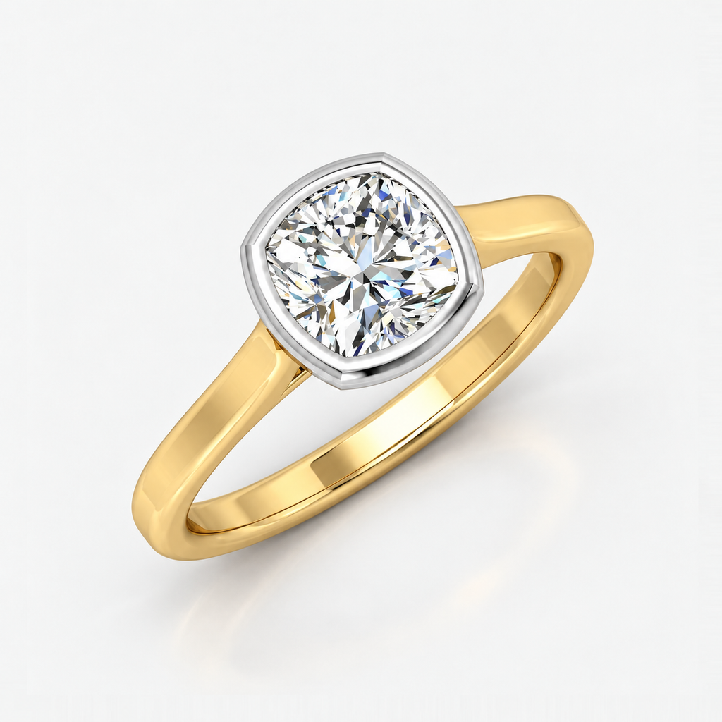 IGI Certified The Flow Cushion Diamond Solitaire Bezel Set Engagement Ring in Gold & Platinum