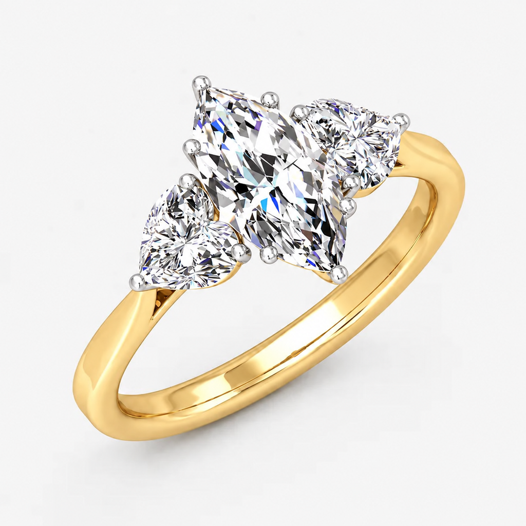 IGI Certified Three Stone Marquise and Heart Shape Diamond Trilogy Ring in Platinum & Gold
