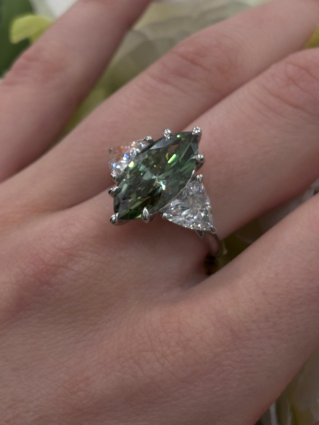 IGI 7.29Carat Lab Grown Fancy Vivid Green Marquise & Side Tapper Baguette Diamond Trilogy Ring  In Platinum