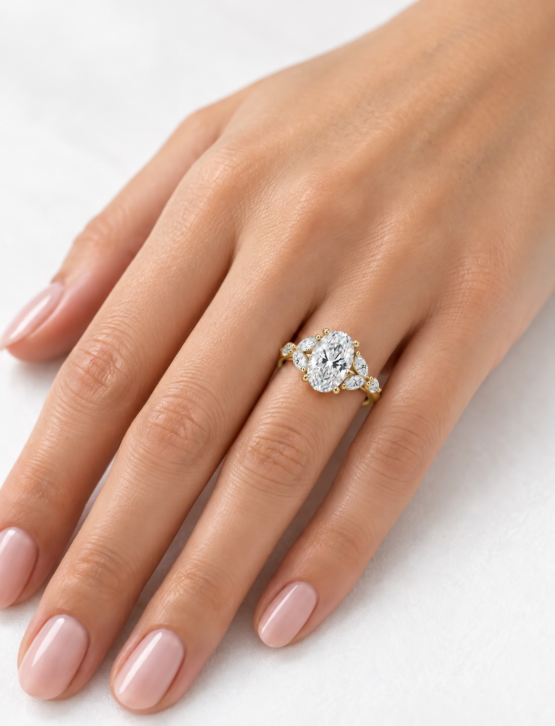 Oval Cut Diamond with Marquise Diamond Solitaire Engagement Ring IGI Lab Grown in 18K Yellow Gold
