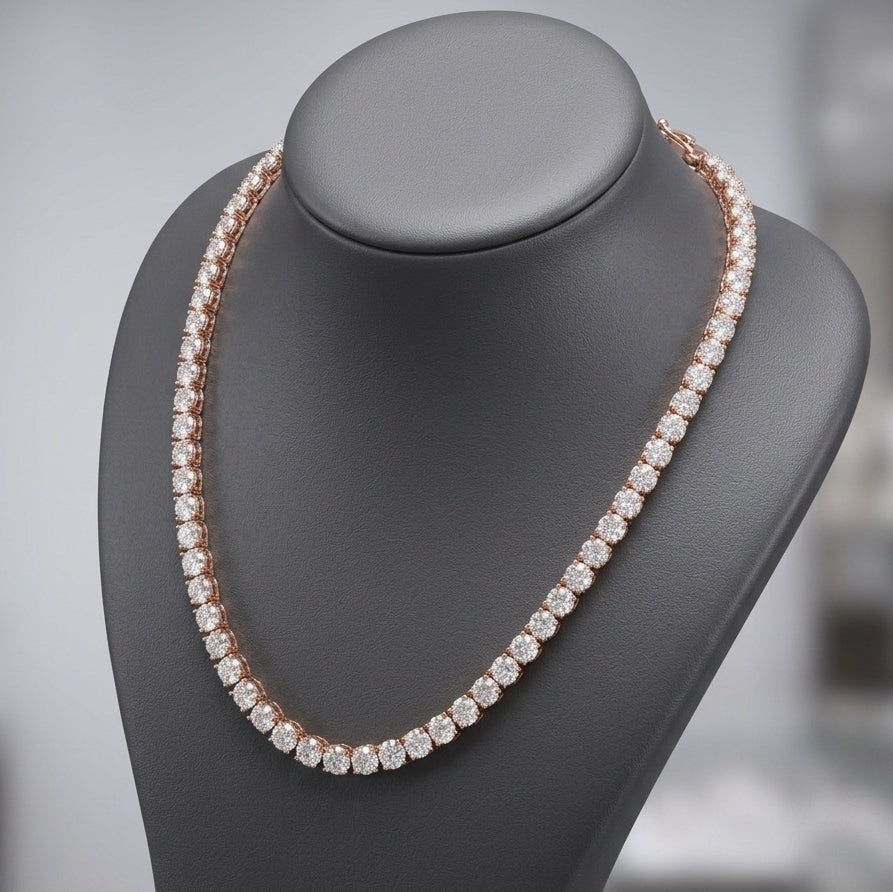 87Ct D-E/VS Round Lab Grown Diamond Tennis Necklace in Rose Gold - 58Grams