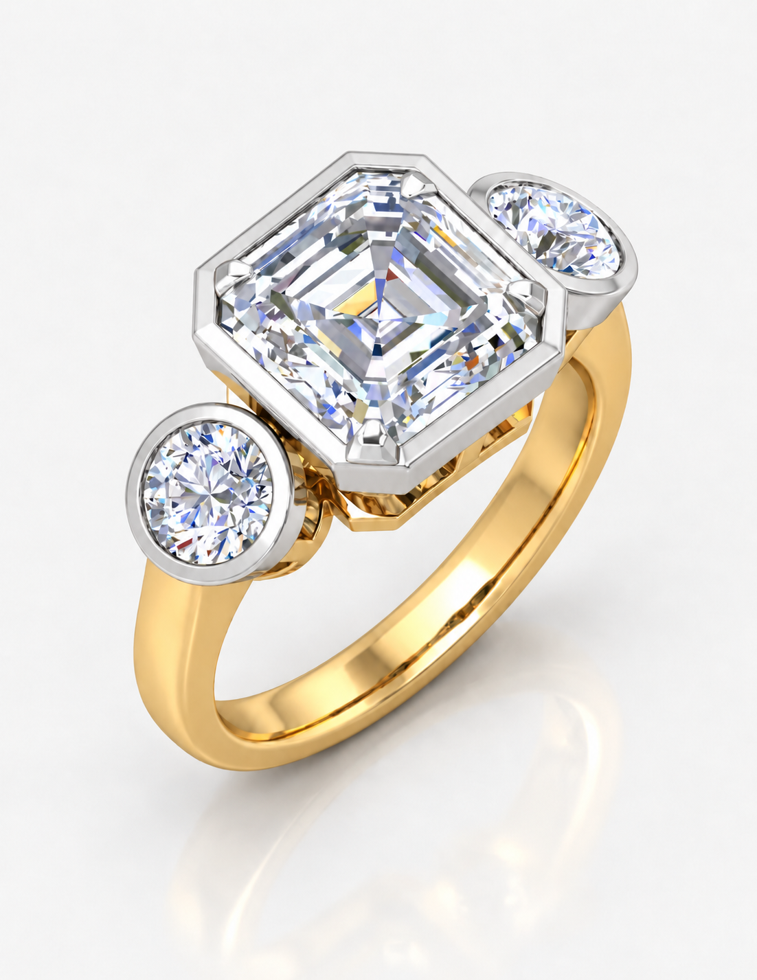 IGI Certified Lab Grown Asscher Cut Three-Stone Bezel Set Engagement Ring in Gold & Platinum – 1–4Ct