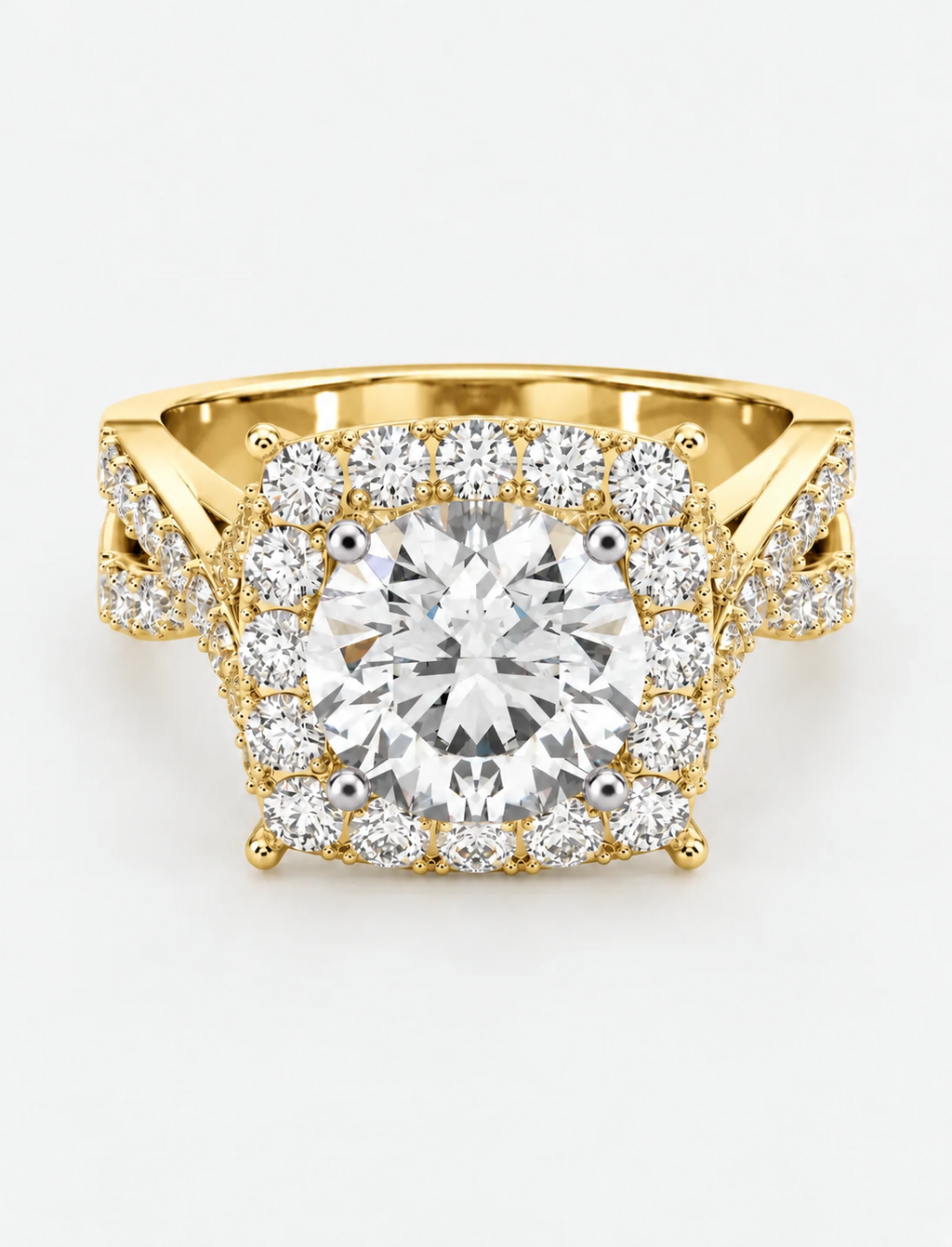 IGI Certified Lab Grown Round Diamond French Pavé Halo Infinity Split-Twist Engagement Ring in Gold & Platinum