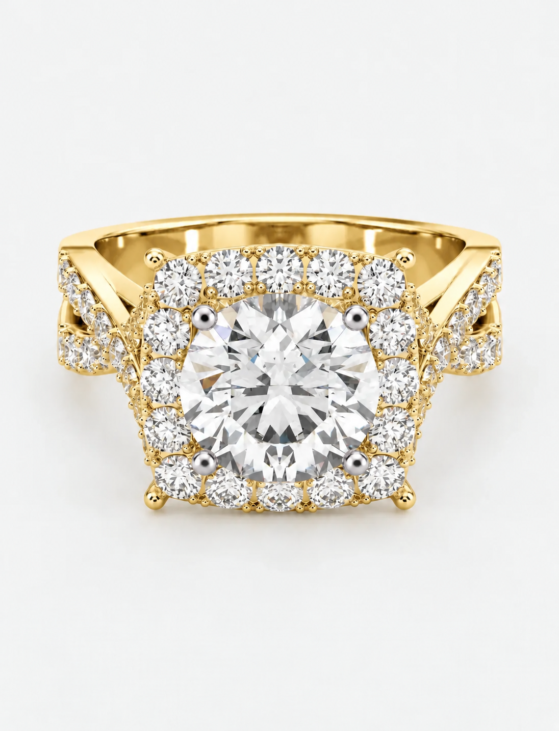IGI Certified Lab Grown Round Diamond French Pavé Halo Infinity Split-Twist Engagement Ring in Gold & Platinum