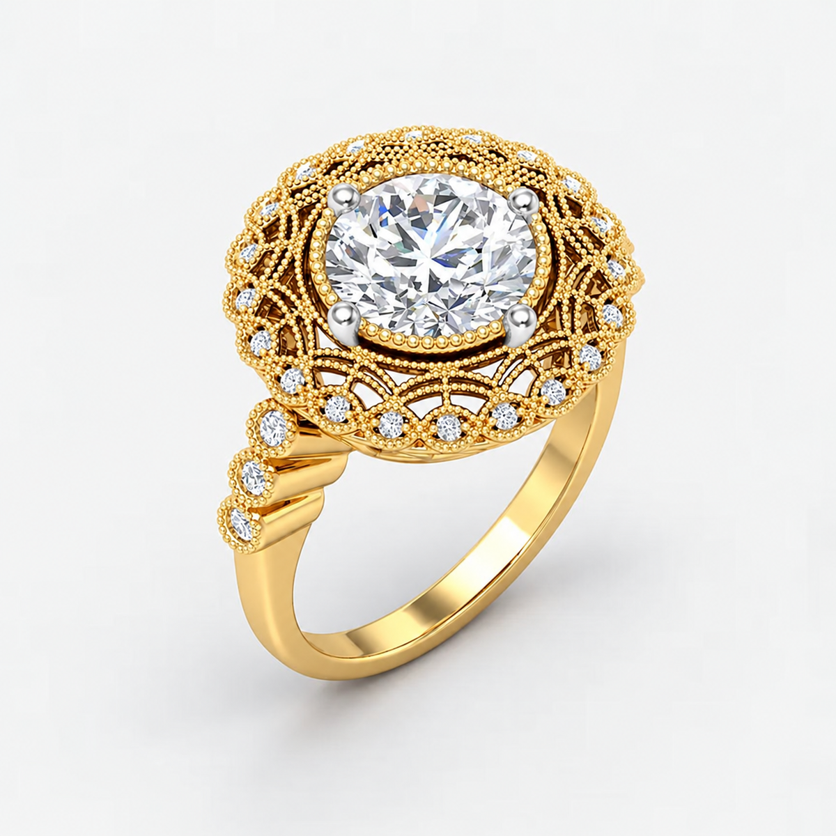 IGI Certified Lab Grown Miligrain Vintage Inspired Round Cut Filigree Halo Diamond Engagement Ring in Gold & Platinum - 1-5ct