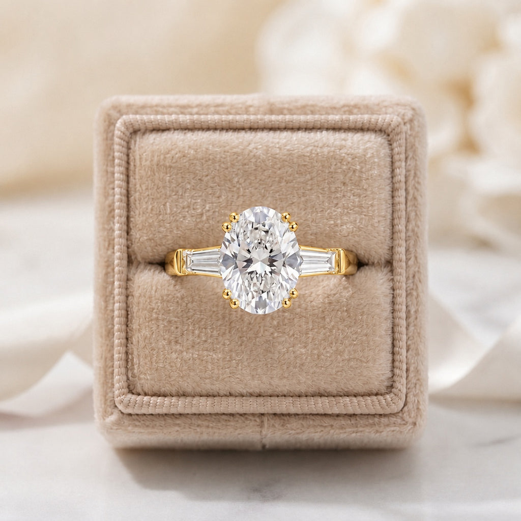 IGI Lab Oval & Baguette Diamond Three Stone Engagement Ring - E/VS