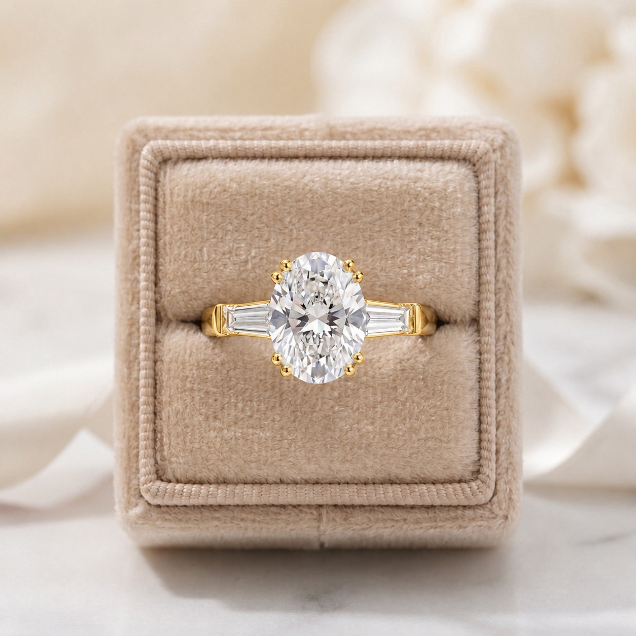 IGI Lab Oval & Baguette Diamond Three Stone Engagement Ring - E/VS
