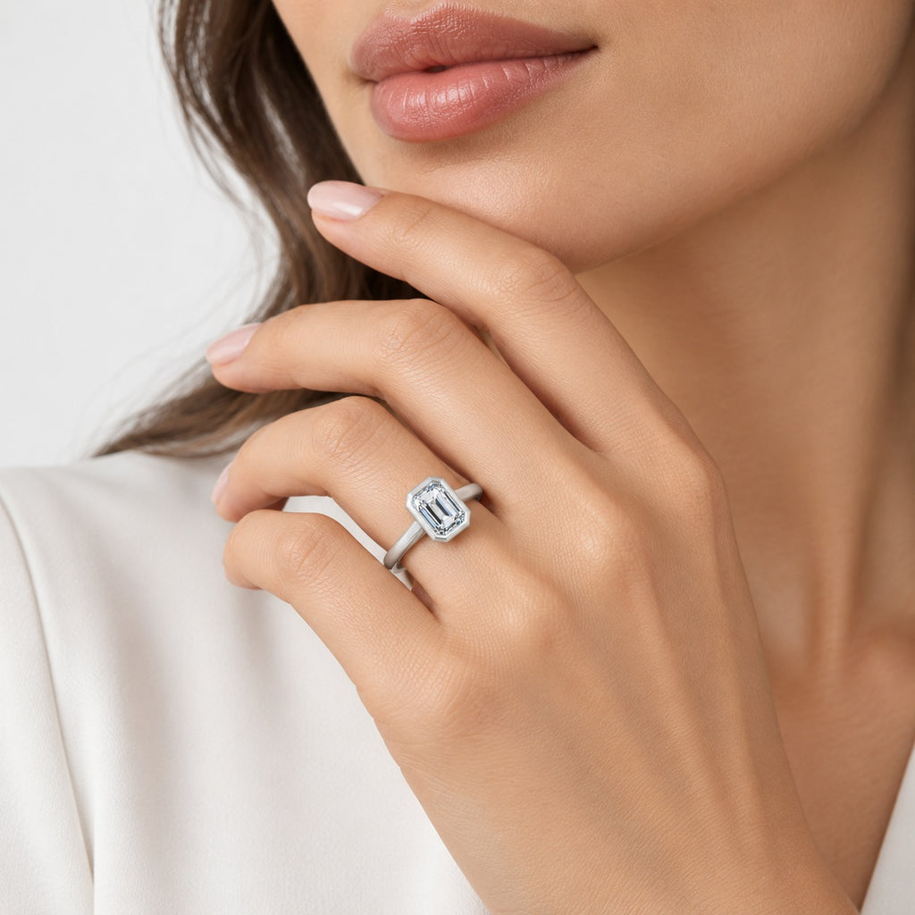 Bezel Setting IGI Certified Classic Solitaire Emerald Diamond Engagement Ring in Gold & Platinum