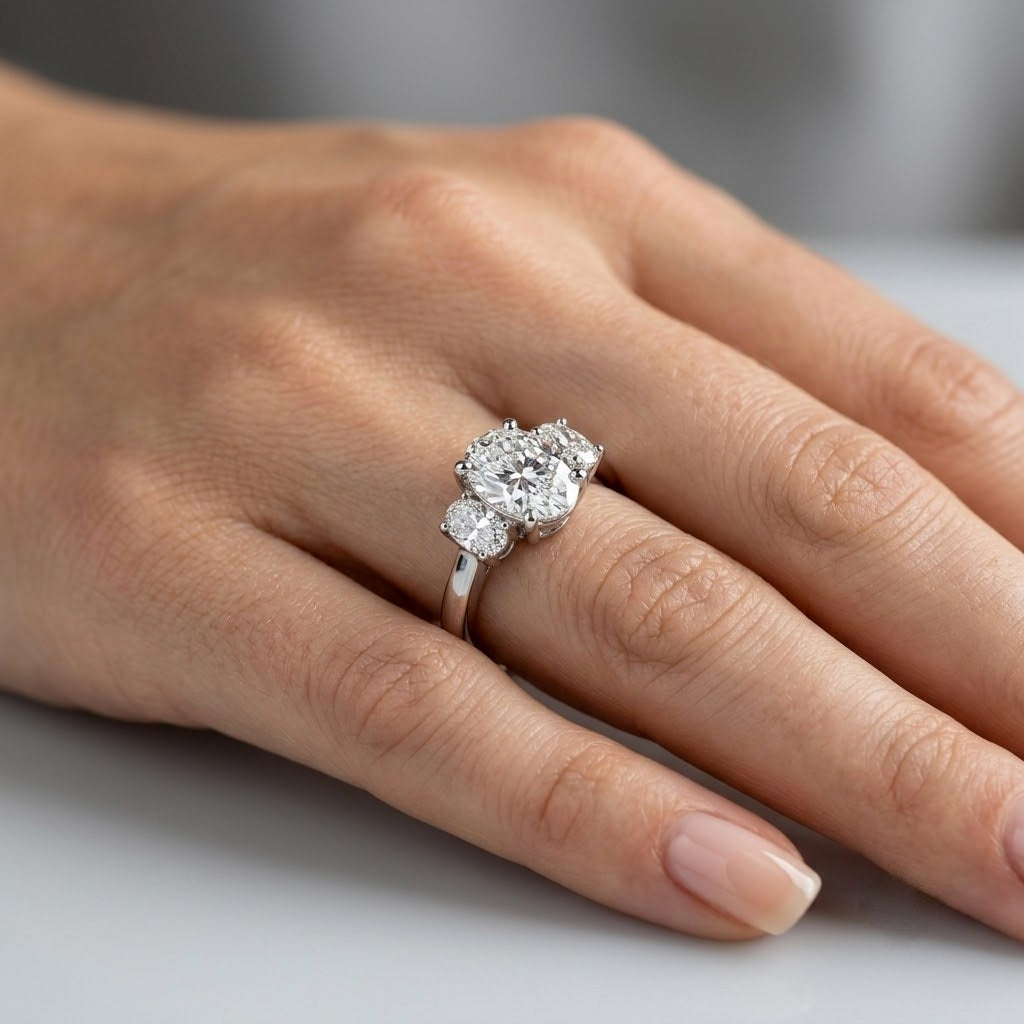 IGI Certified Oval Lab Grown Diamond Three Stone Engagement Ring - E/VS