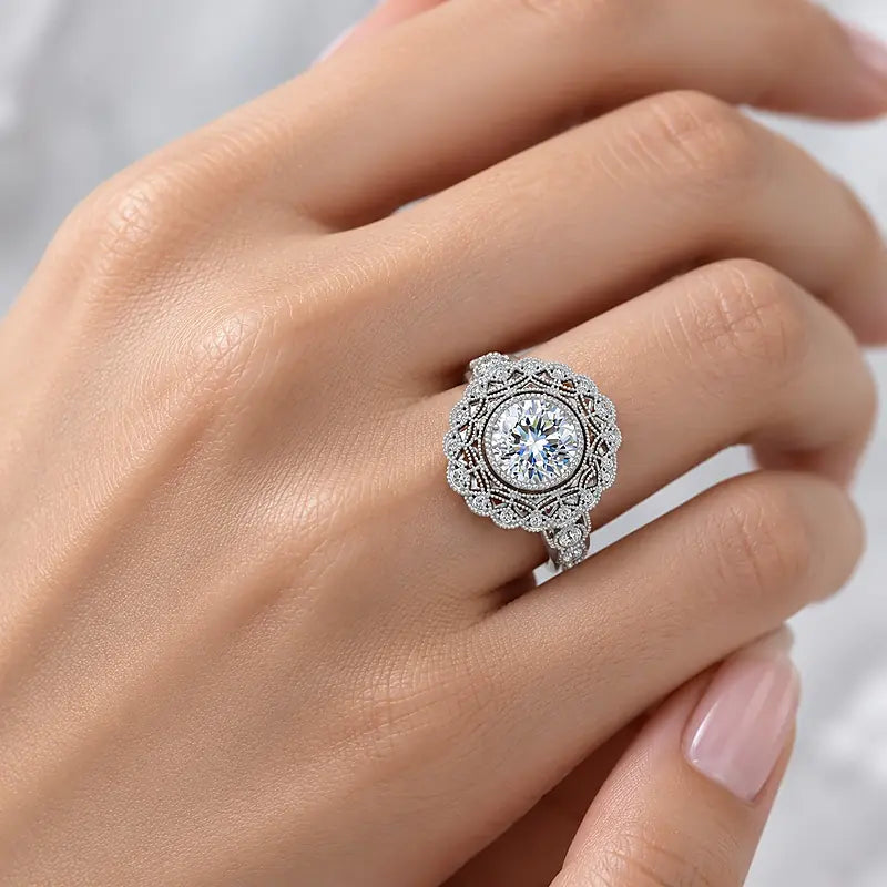 IGI Certified Lab Grown Miligrain Vintage Inspired Round Cut Filigree Halo Diamond Engagement Ring in Gold & Platinum - 1-5ct
