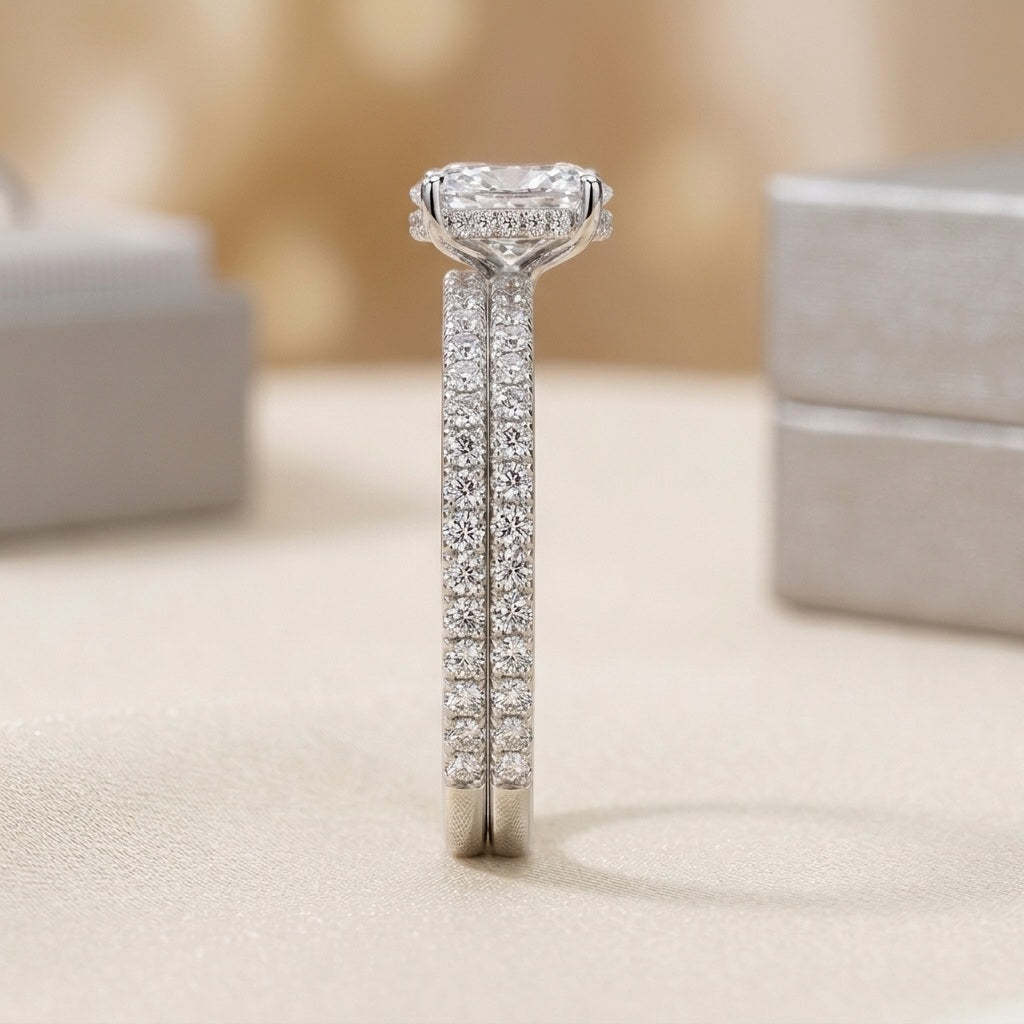 IGI Oval Diamond Pavé Bridal Set Solitaire Engagement Ring with Matching Wedding Band - E/VS