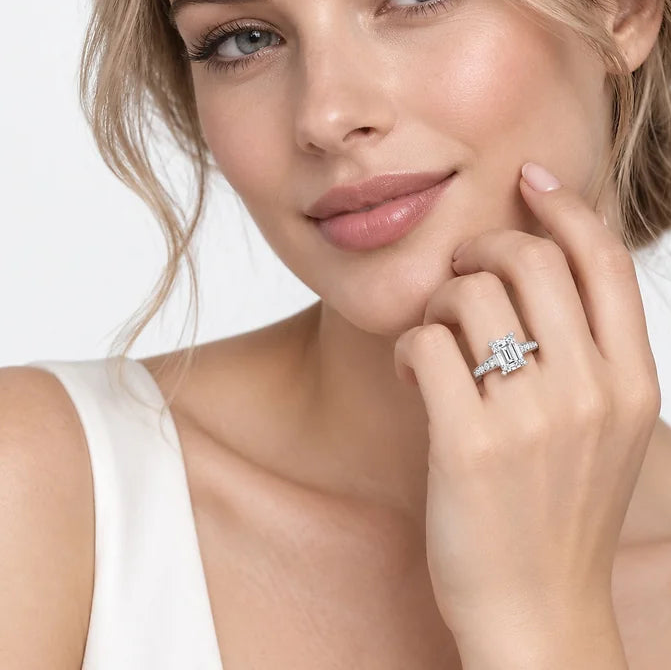 IGI Certified Lab Grown Emerald Cut & Round Diamond Claw & Channel Set Engagement Ring in Gold & Platinum – 1–4Ct