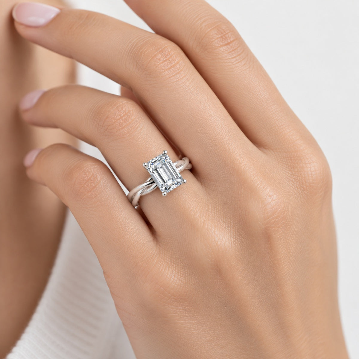 Twisted IGI Certified Classic Solitaire Emerald Diamond Engagement Ring in Gold & Platinum