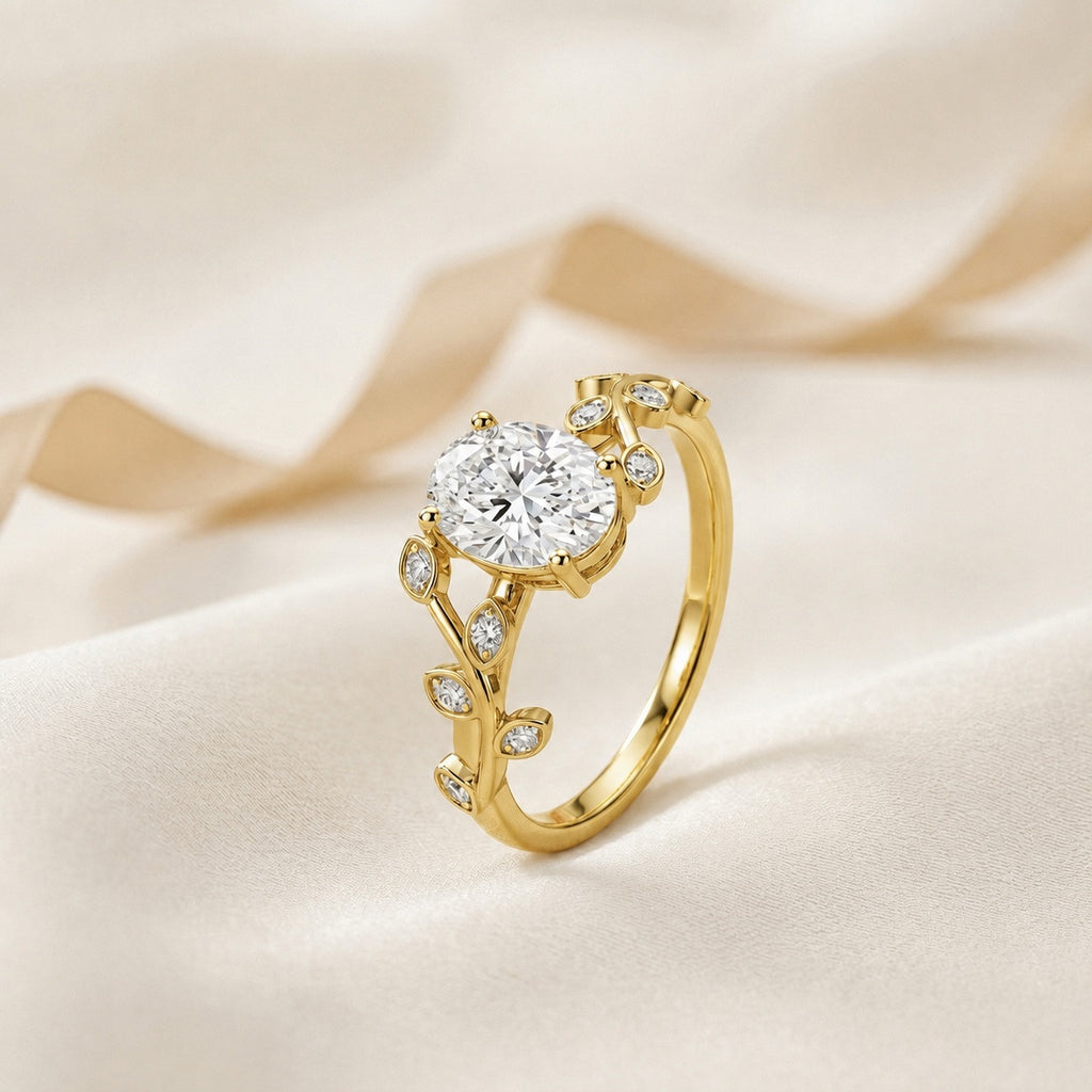 Oval Diamond Leaf Vine Engagement Ring - E/VS