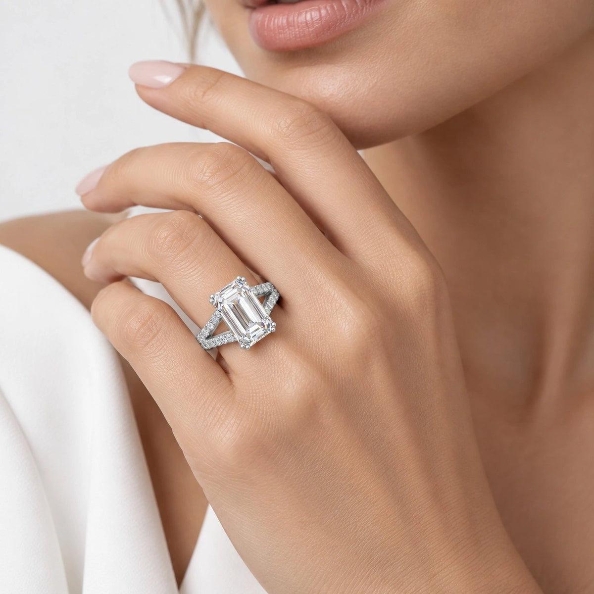 IGI Certified Lab Grown Emerald Cut Diamond with Round Side Stones Engagement Ring in Gold & Platinum – 1–4Ct
