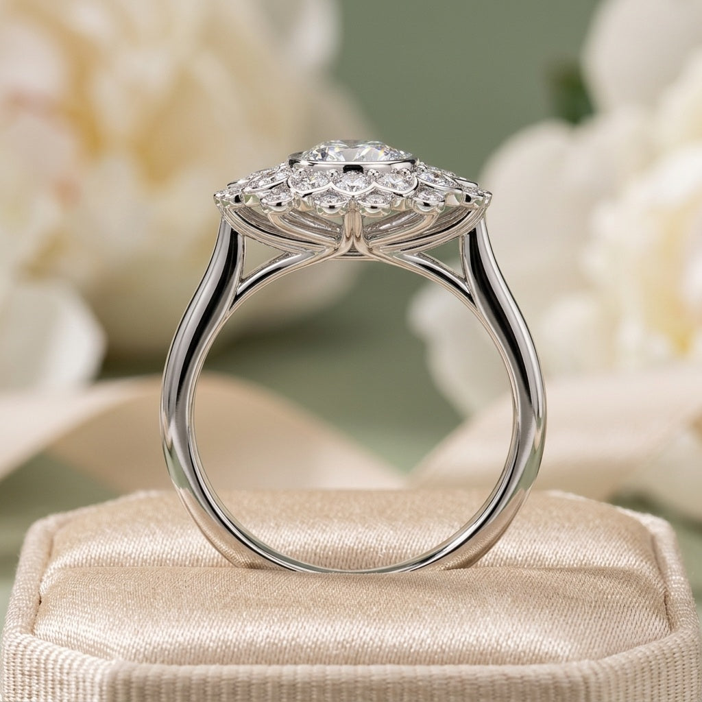 IGI Oval Lab Diamond Floral Halo Vintage Petal Cluster Solitaire Engagement Ring - E/VS