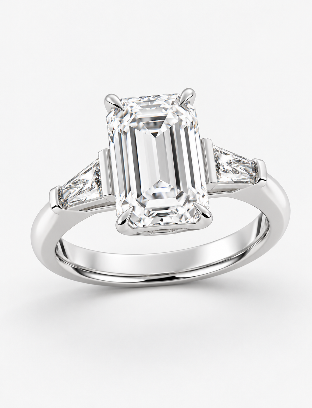 5.70CT Lab Grown Solitaire Emerald Diamond Tapered Baguette Trilogy Ring Platinum