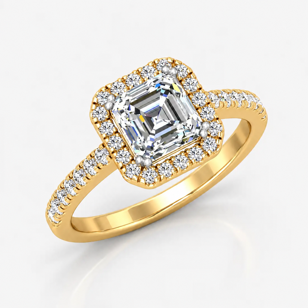 IGI Certified Lab Grown Asscher Cut Diamond Halo Engagement Ring with Pavé Band in Gold & Platinum