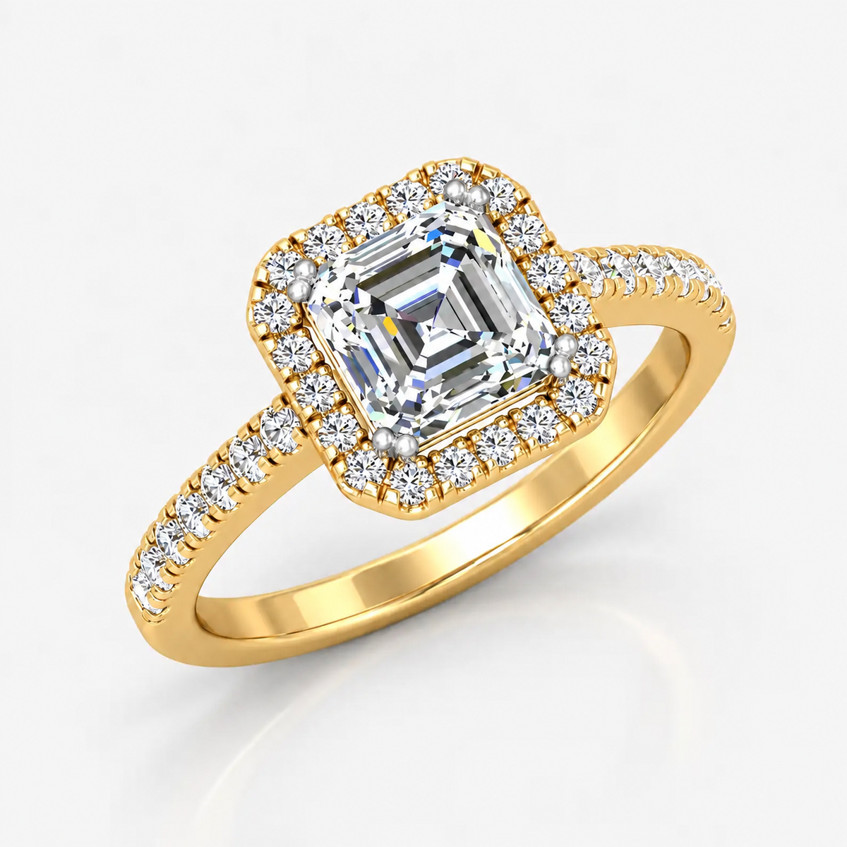 IGI Certified Lab Grown Asscher Cut Diamond Halo Engagement Ring with Pavé Band in Gold & Platinum