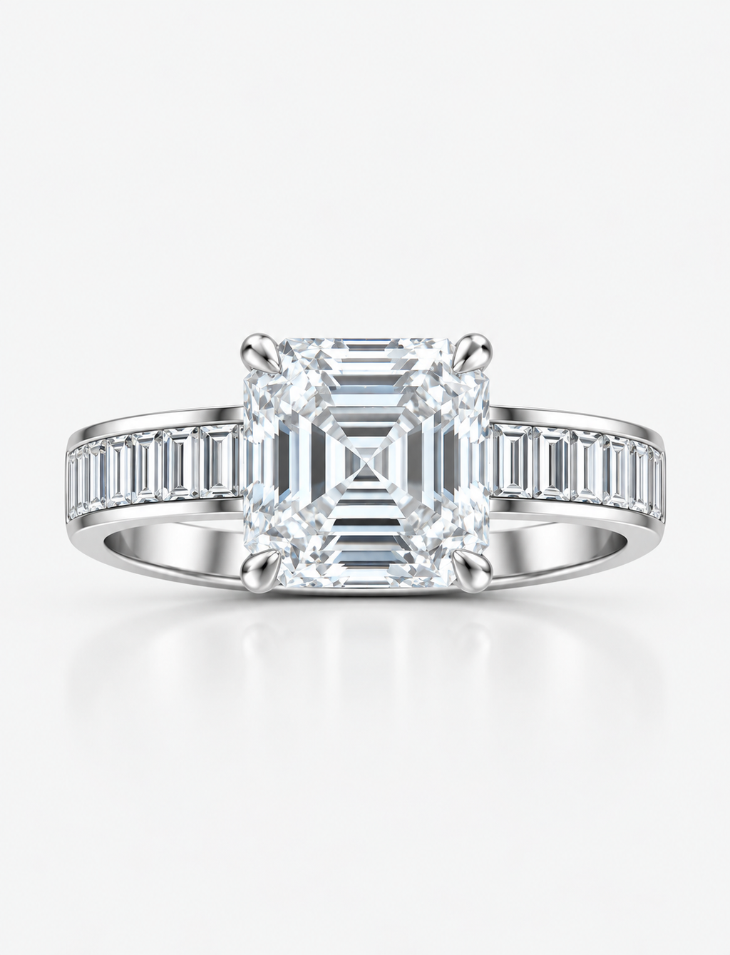 3.50CT IGI Certified Lab Grown Asscher & Baguette Diamond Engagement Ring in Platinum. E/VS quality, UK hallmarked,