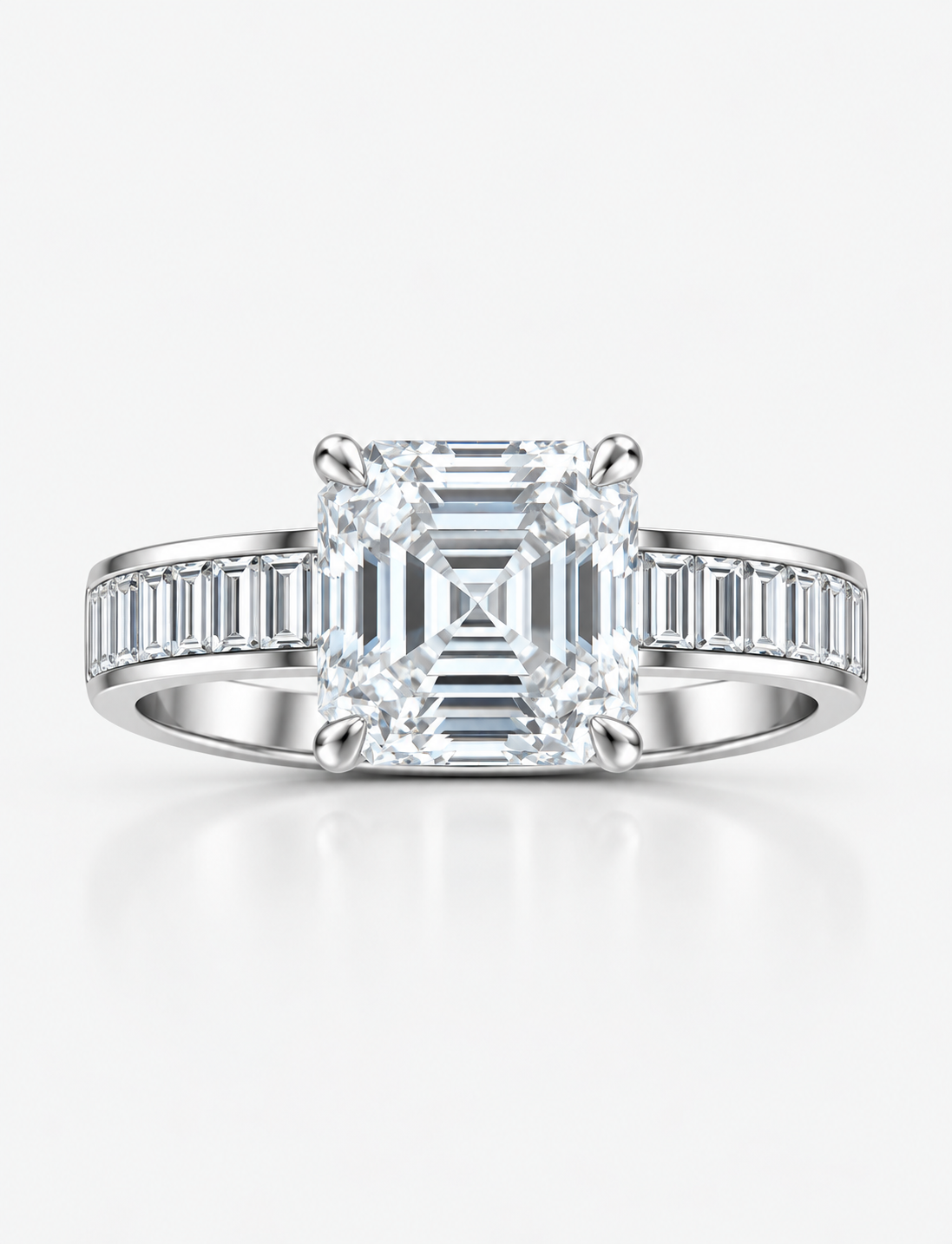 3.50CT IGI Certified Lab Grown Asscher & Baguette Diamond Engagement Ring in Platinum. E/VS quality, UK hallmarked,