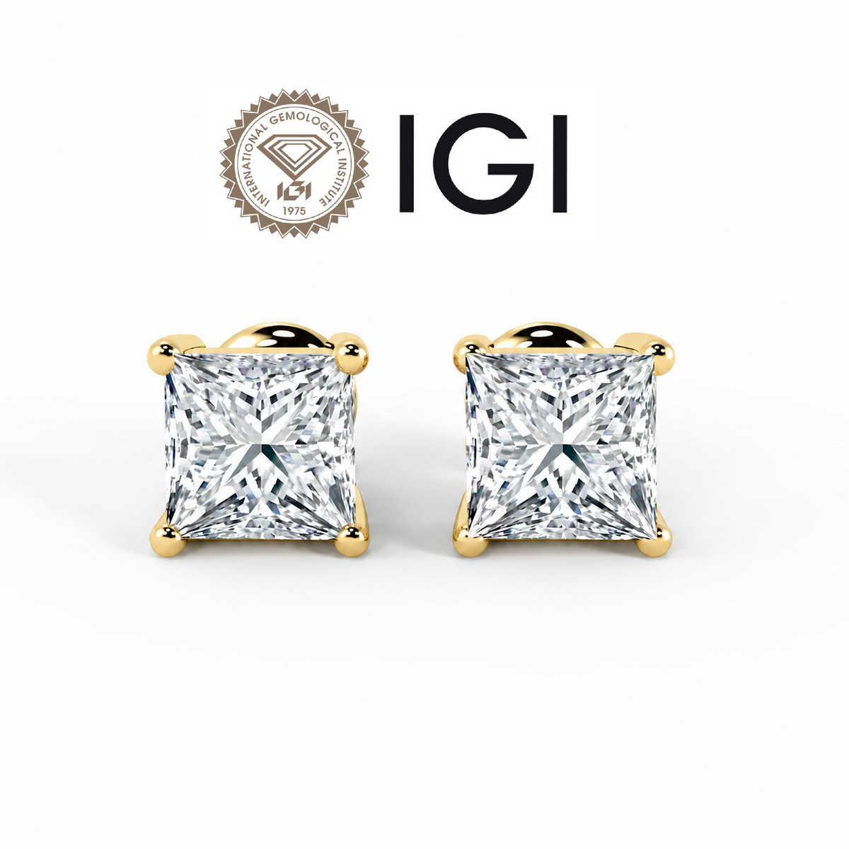 Princess Cut Diamond Stud Earrings D / VVS2 4.00 Carat  IGI Certified Lab Grown Diamond  In 18K Yellow Gold