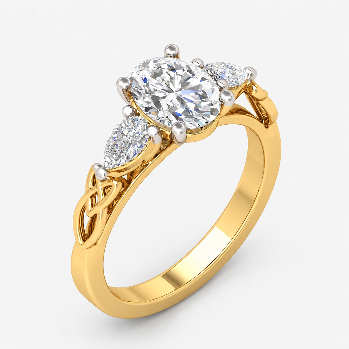 IGI Certified Oval-Cut Three-Stone Celtic Knot Engagement Ring with Pear Side Diamonds in Platinum & Gold