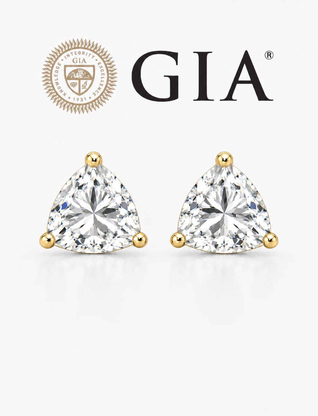GIA Certified Triangle Shape Diamond 2.00Ct Claw Set Stud Earring 18K Yellow Gold
