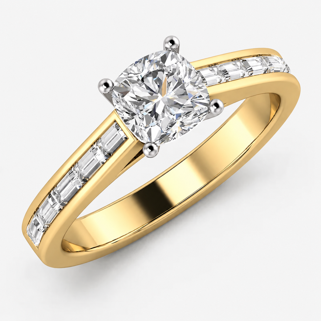 IGI Certified Lab Grown Classic Cushion-Cut Diamond Engagement Ring with Channel-Set Baguette Shank in Gold & Platinum – 1–4Ct