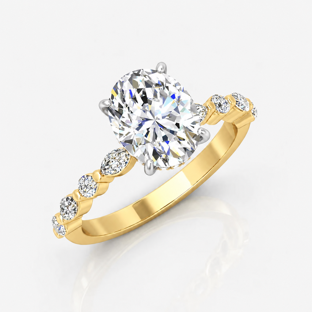 IGI Certified Oval & Marquise Hidden Halo Engagement Ring with Versailles Accent Band in Platinum & Gold