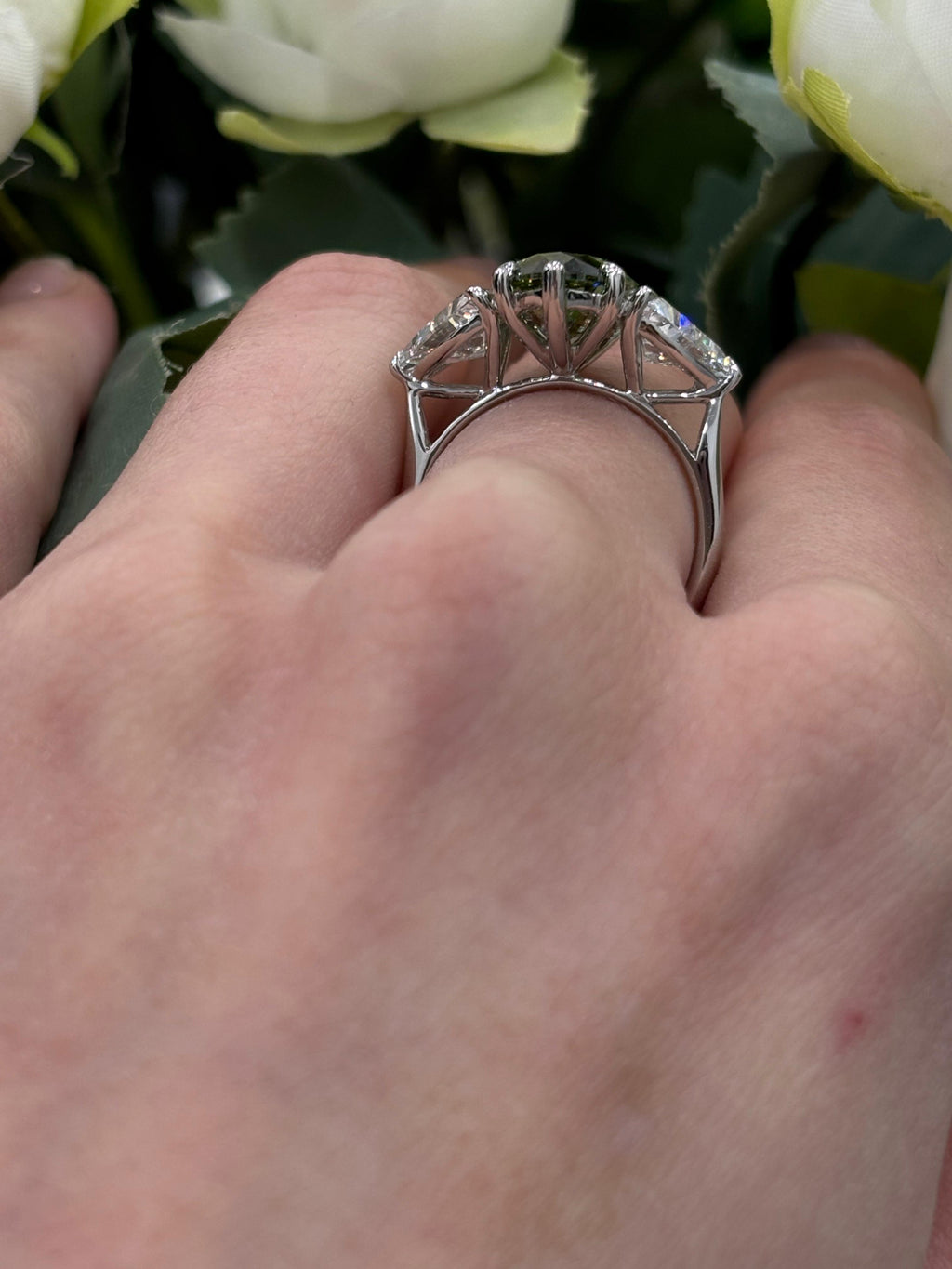 IGI 7.29Carat Lab Grown Fancy Vivid Green Marquise & Side Tapper Baguette Diamond Trilogy Ring  In Platinum