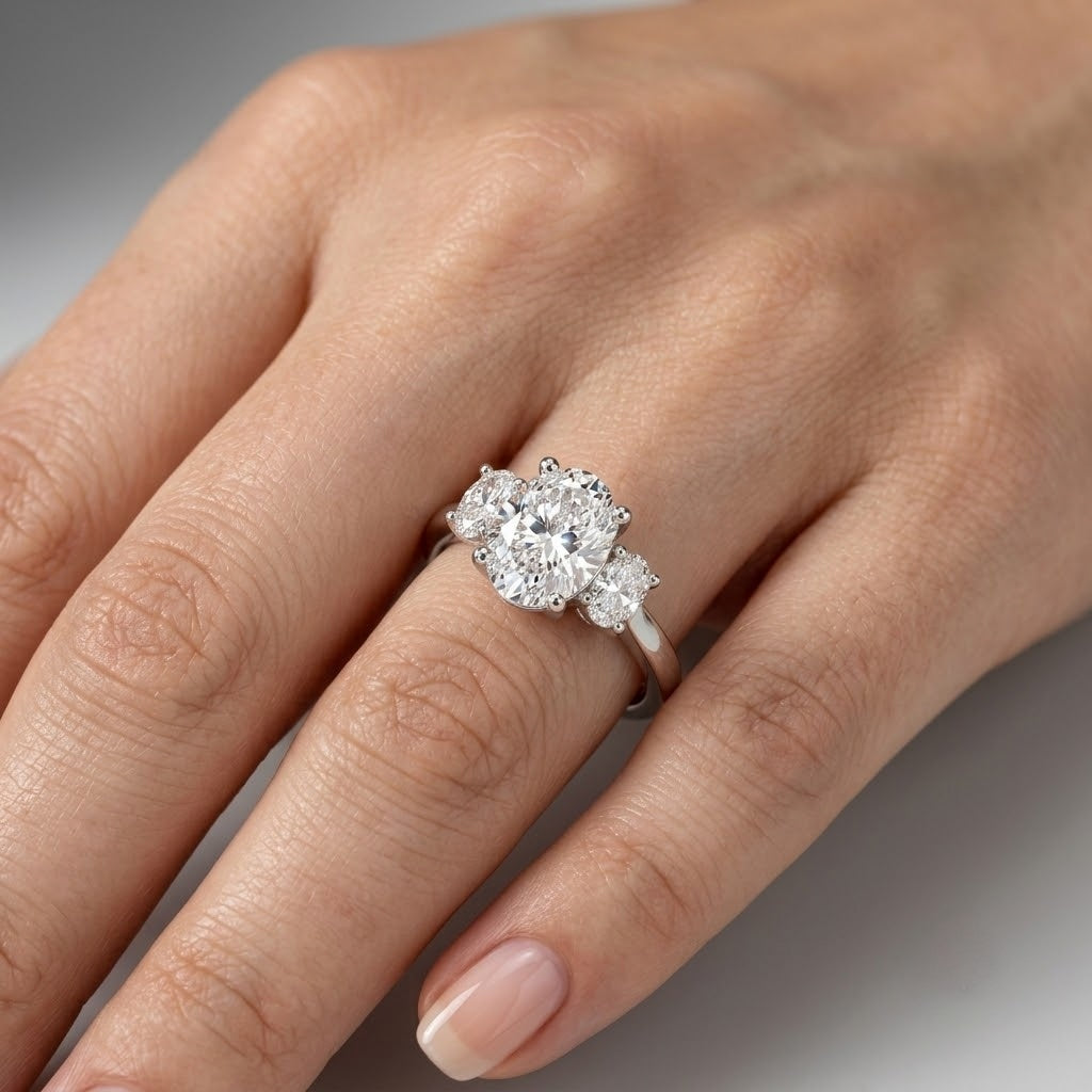 IGI Certified Oval Lab Grown Diamond Three Stone Engagement Ring - E/VS