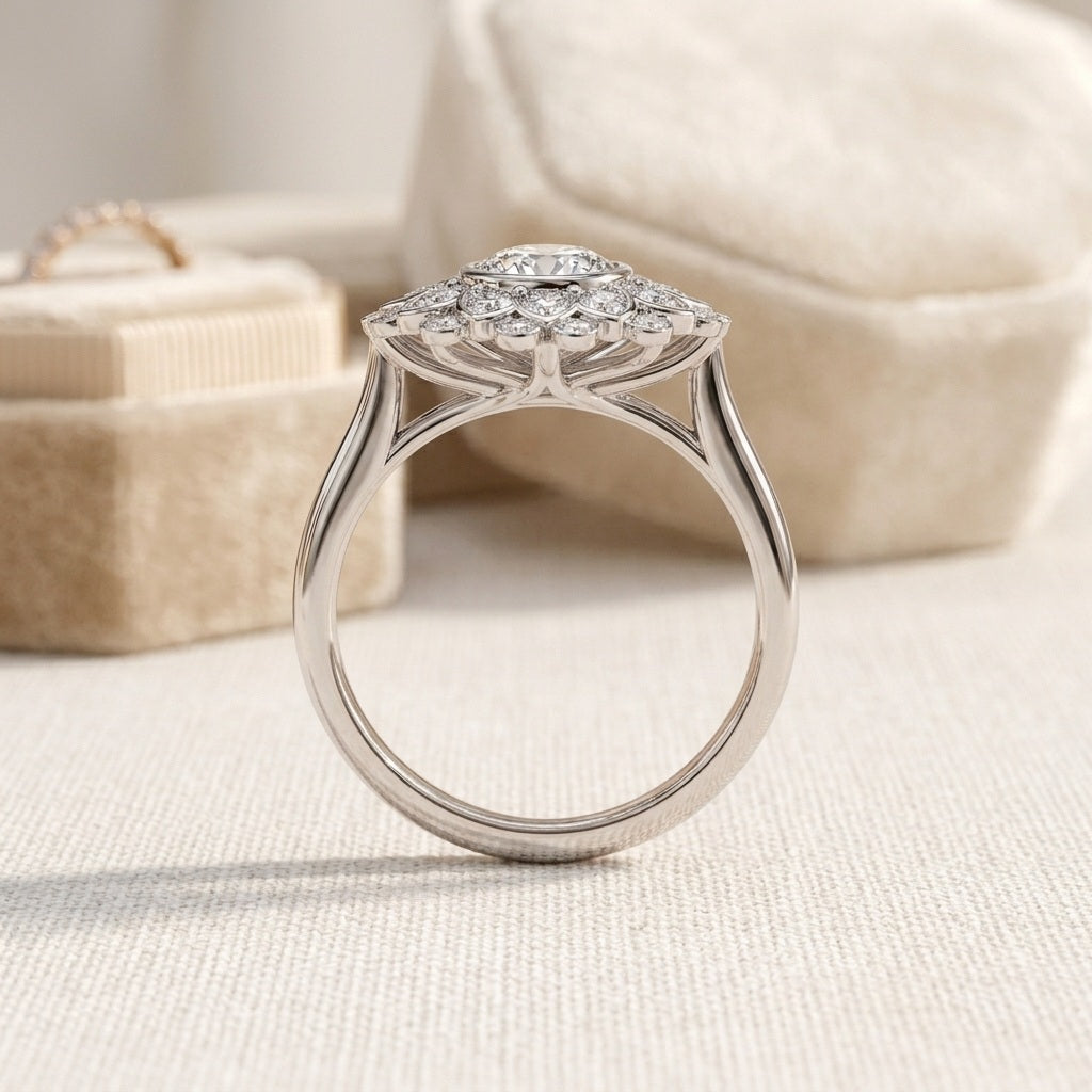 IGI Oval Lab Diamond Floral Halo Vintage Petal Cluster Solitaire Engagement Ring - E/VS
