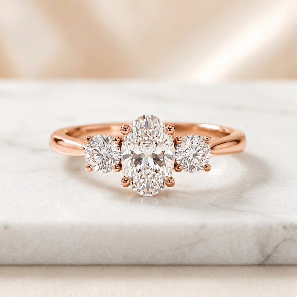 IGI Certified 3.00 Carat Oval & Round Lab Diamond Trilogy Ring - E/VS
