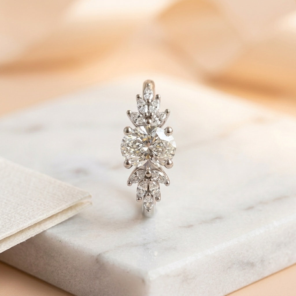 IGI 3.00ct Oval With Side Marquise Diamond Designer Lab Diamond Engagement Ring - E/VS