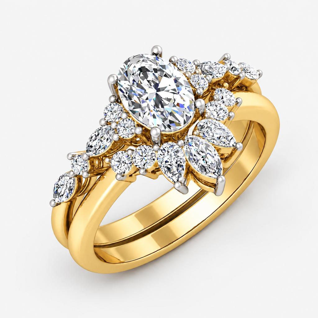 IGI Certified Oval Cut & Marquise Diamond Engagement Ring with a Matching Pavé Wedding Bridal Set in Platinum & Gold