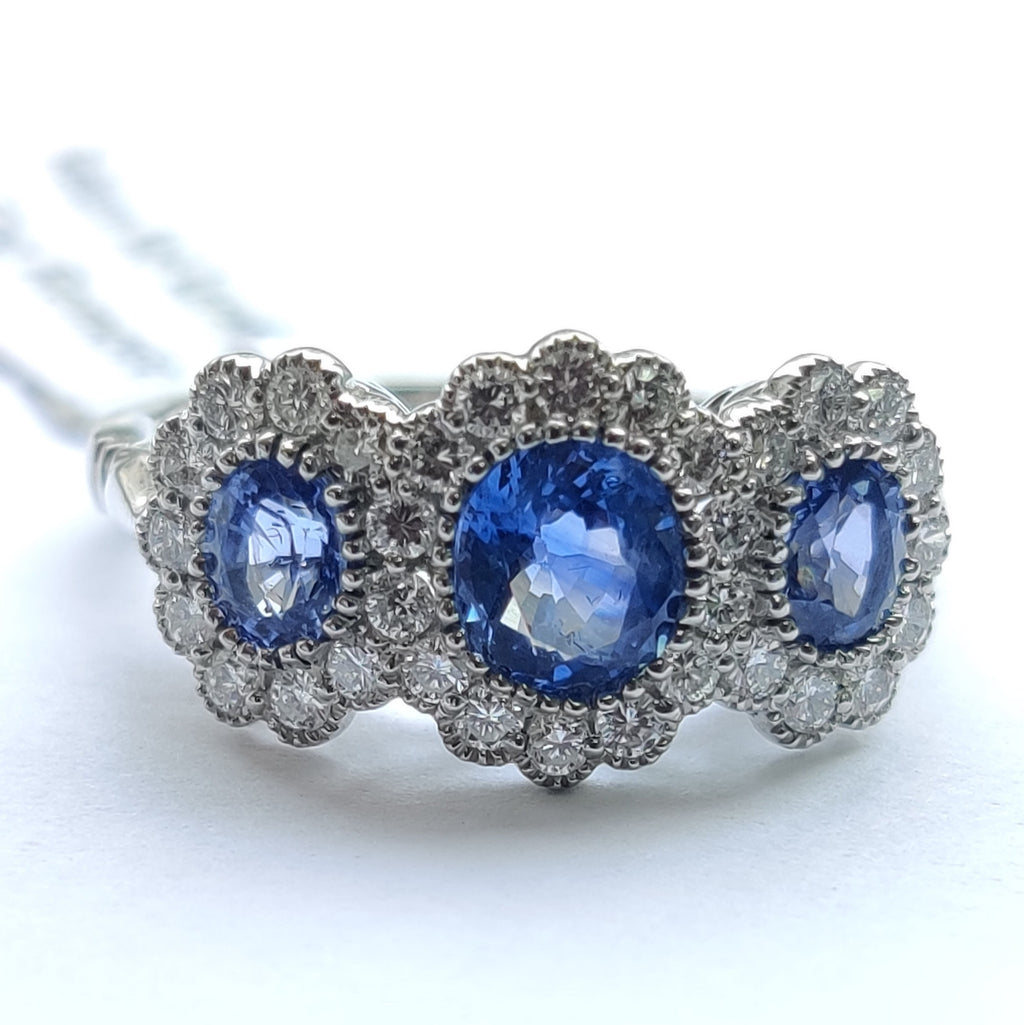 Natural Oval Sapphire Halo Set Trilogy Vintage Engagement Ring In Gold & Platinum