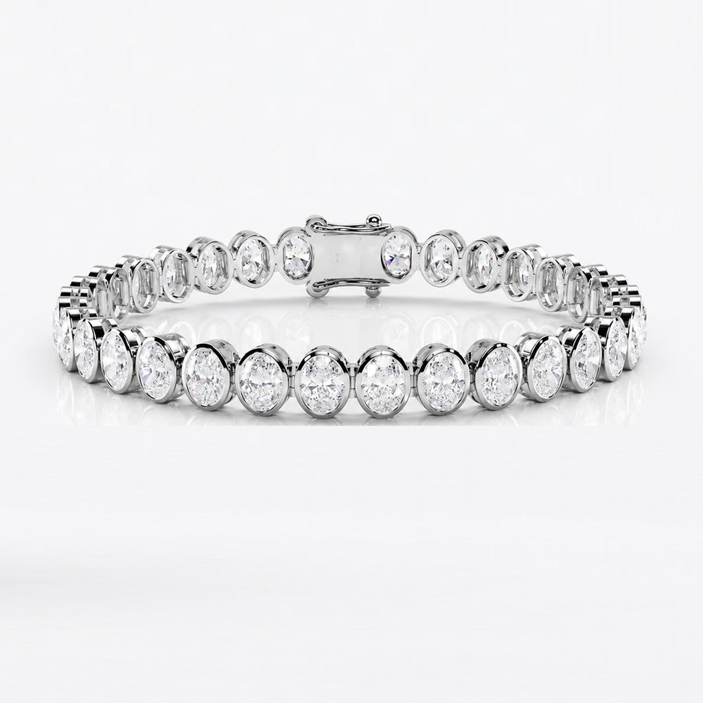 D-E/VS Oval Lab-Grown Diamond Bezel Tennis Bracelet in Gold & Platinum – 10.00ct
