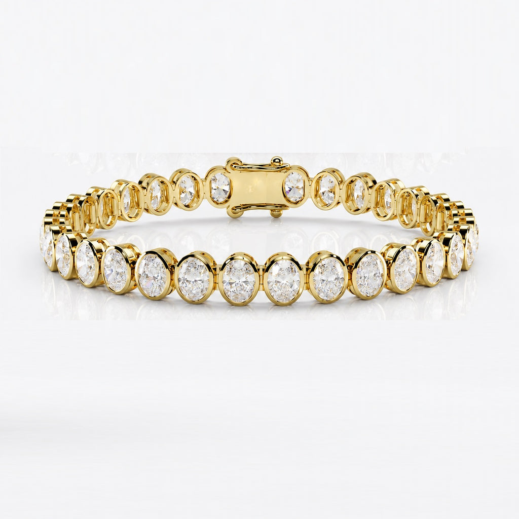 D-E/VS Oval Lab-Grown Diamond Bezel Tennis Bracelet in Gold & Platinum – 10.00ct