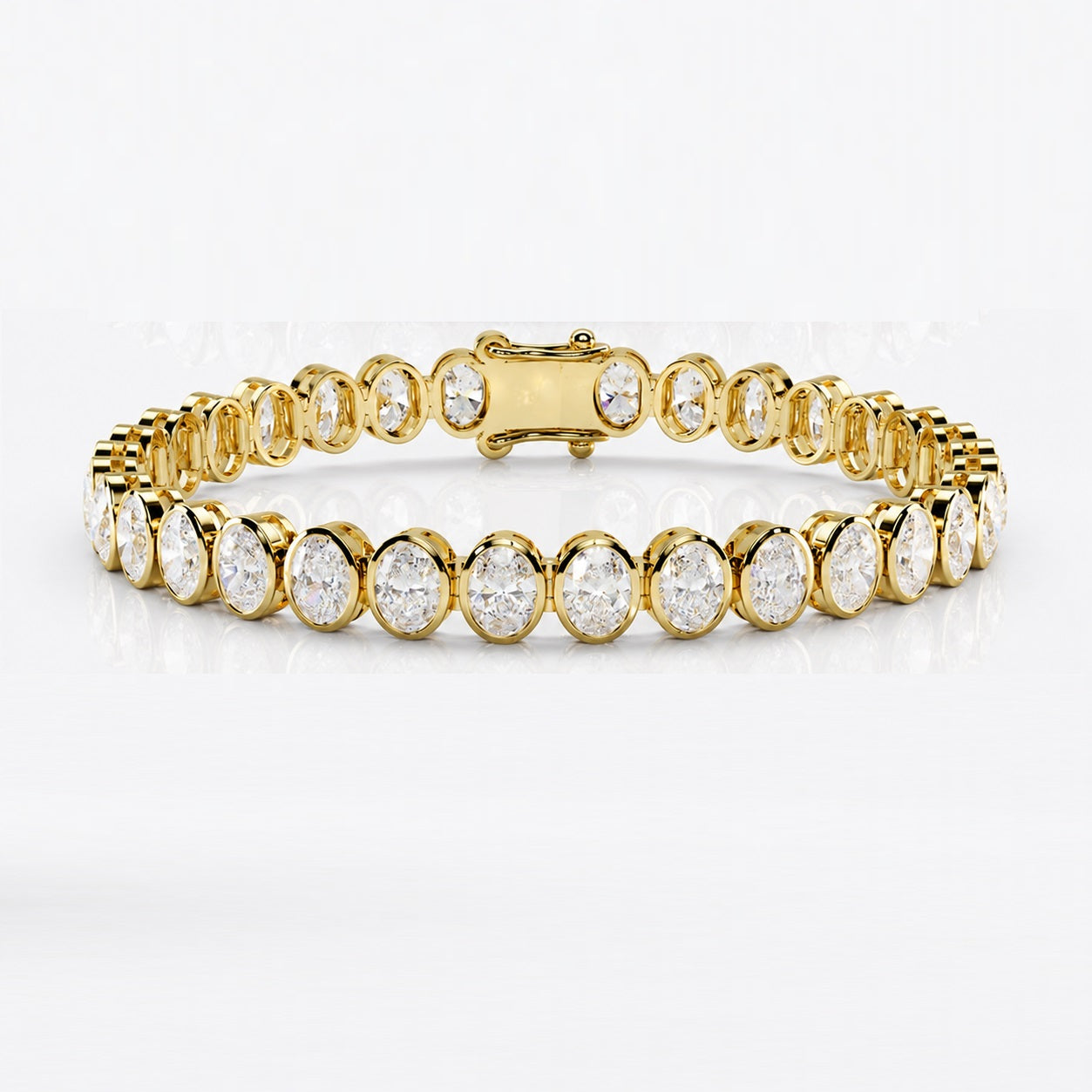 D-E/VS Oval Lab-Grown Diamond Bezel Tennis Bracelet in Gold & Platinum – 10.00ct