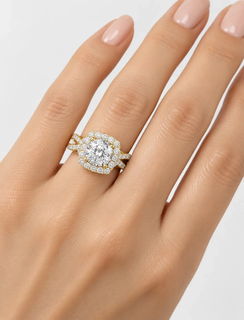 IGI Certified Lab Grown Round Diamond French Pavé Halo Infinity Split-Twist Engagement Ring in Gold & Platinum
