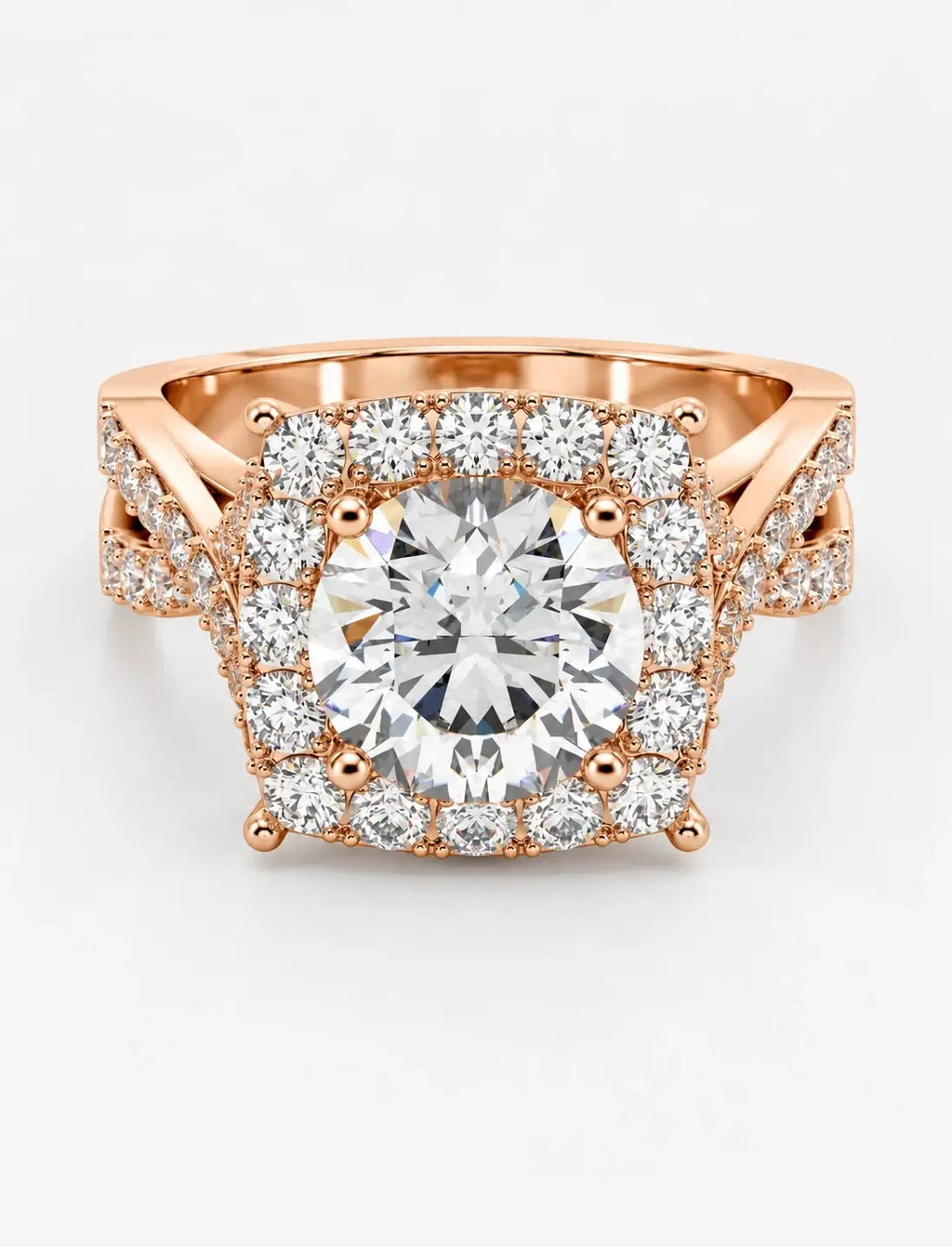 IGI Certified Lab Grown Round Diamond French Pavé Halo Infinity Split-Twist Engagement Ring in Gold & Platinum