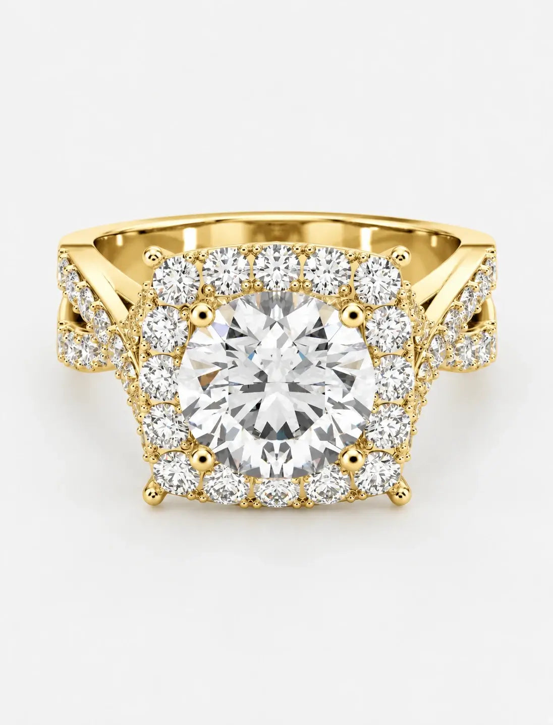 IGI Certified Lab Grown Round Diamond French Pavé Halo Infinity Split-Twist Engagement Ring in Gold & Platinum