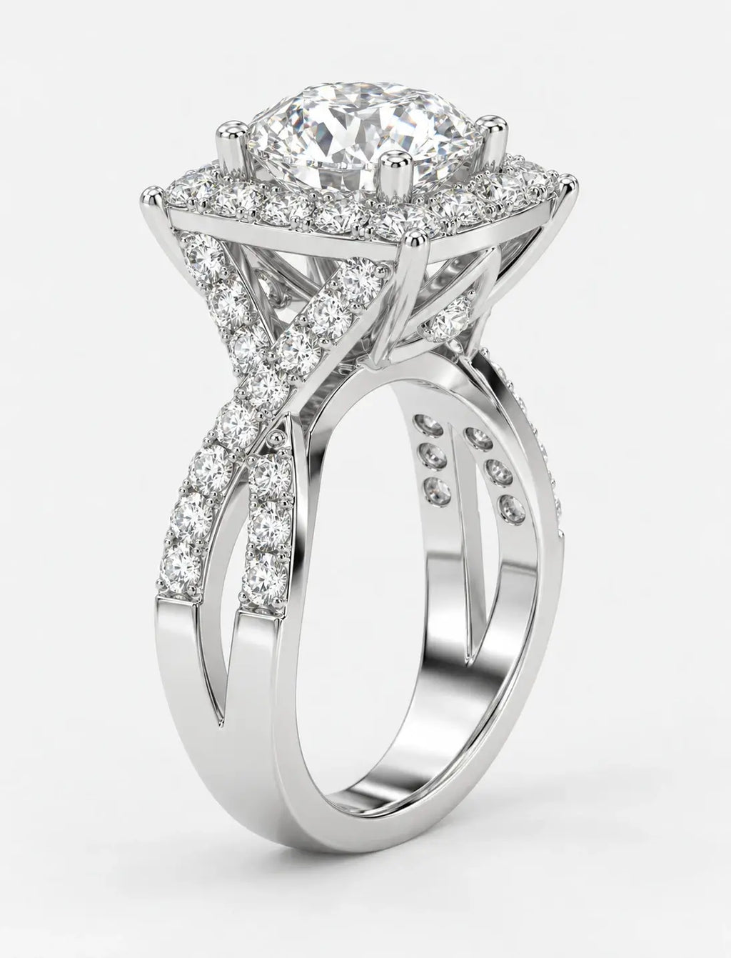 IGI Certified Lab Grown Round Diamond French Pavé Halo Infinity Split-Twist Engagement Ring in Gold & Platinum
