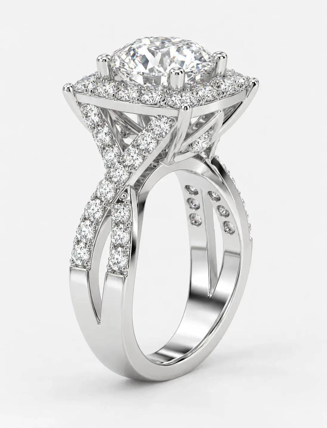 IGI Certified Lab Grown Round Diamond French Pavé Halo Infinity Split-Twist Engagement Ring in Gold & Platinum