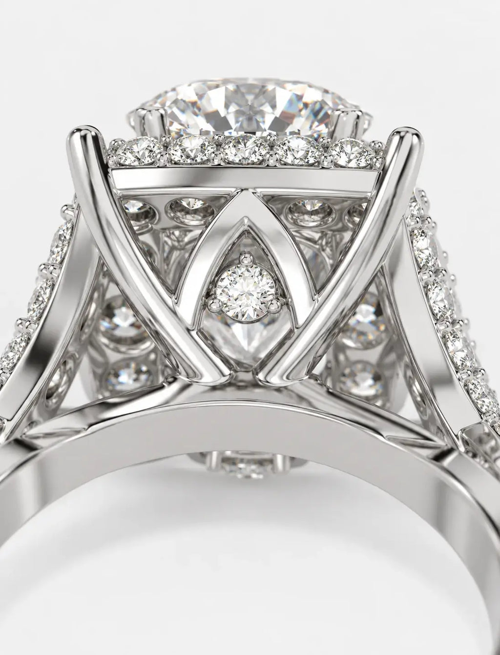 IGI Certified Lab Grown Round Diamond French Pavé Halo Infinity Split-Twist Engagement Ring in Gold & Platinum