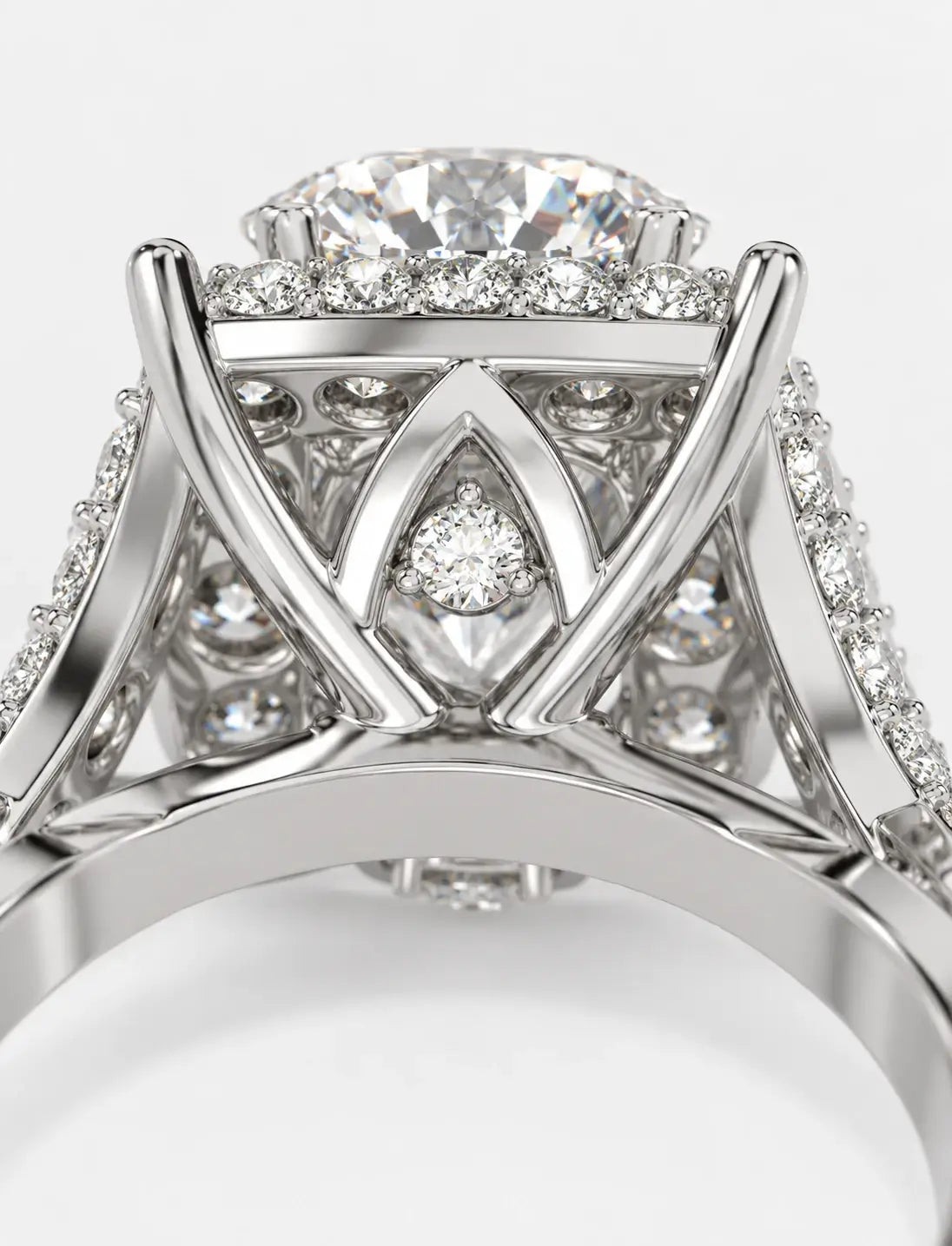 IGI Certified Lab Grown Round Diamond French Pavé Halo Infinity Split-Twist Engagement Ring in Gold & Platinum