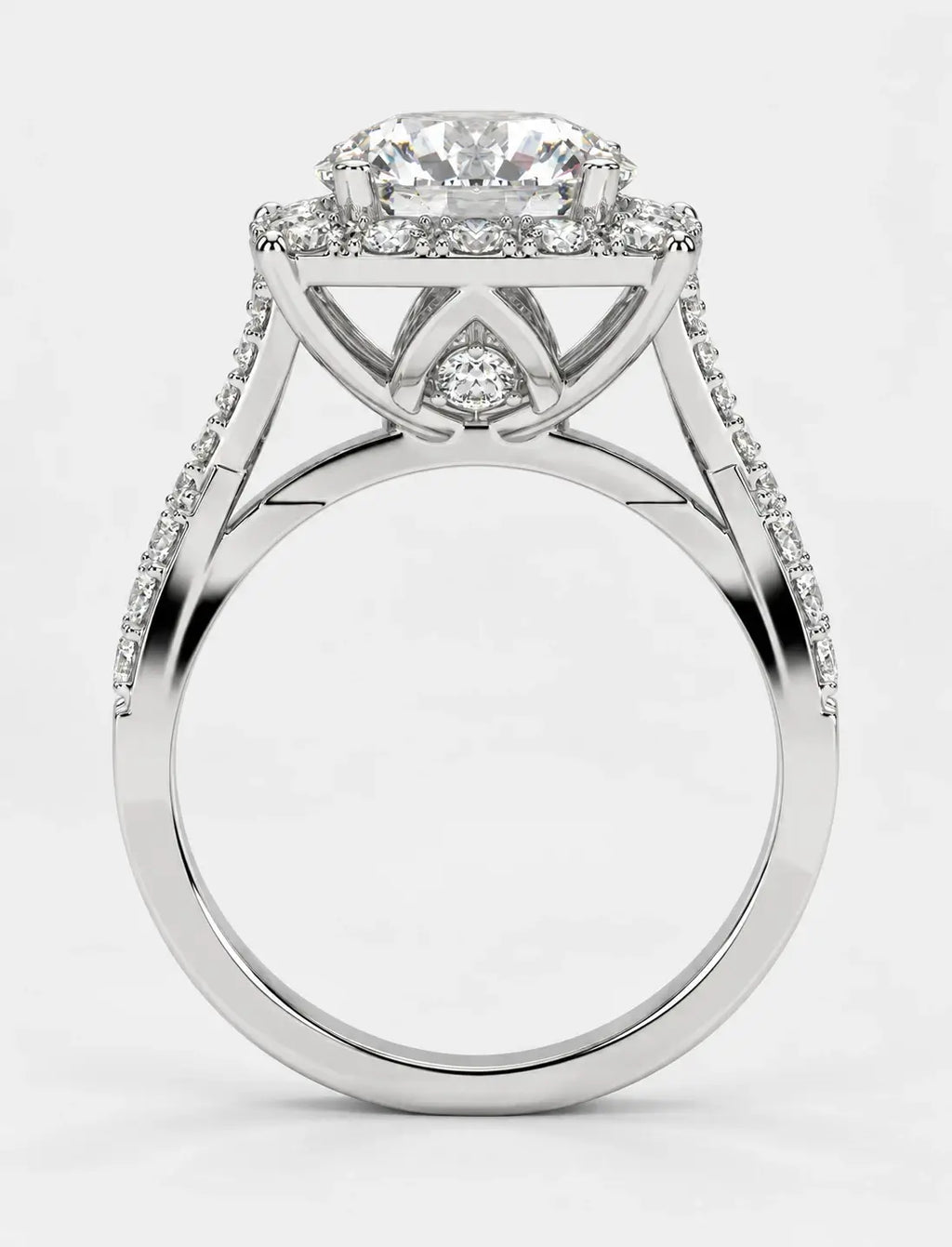 IGI Certified Lab Grown Round Diamond French Pavé Halo Infinity Split-Twist Engagement Ring in Gold & Platinum